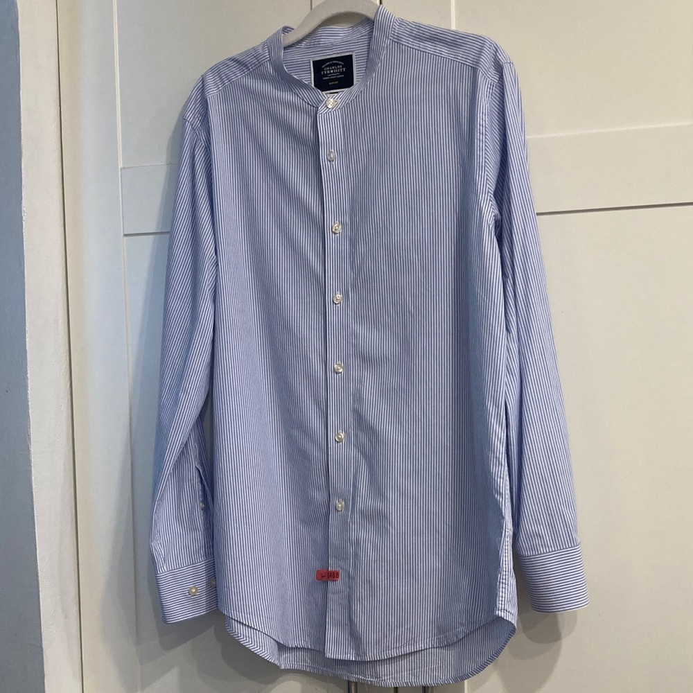 Charles Tyrwhitt Mens Slim Fit Band Collar Striped Shirt Blue White Size M